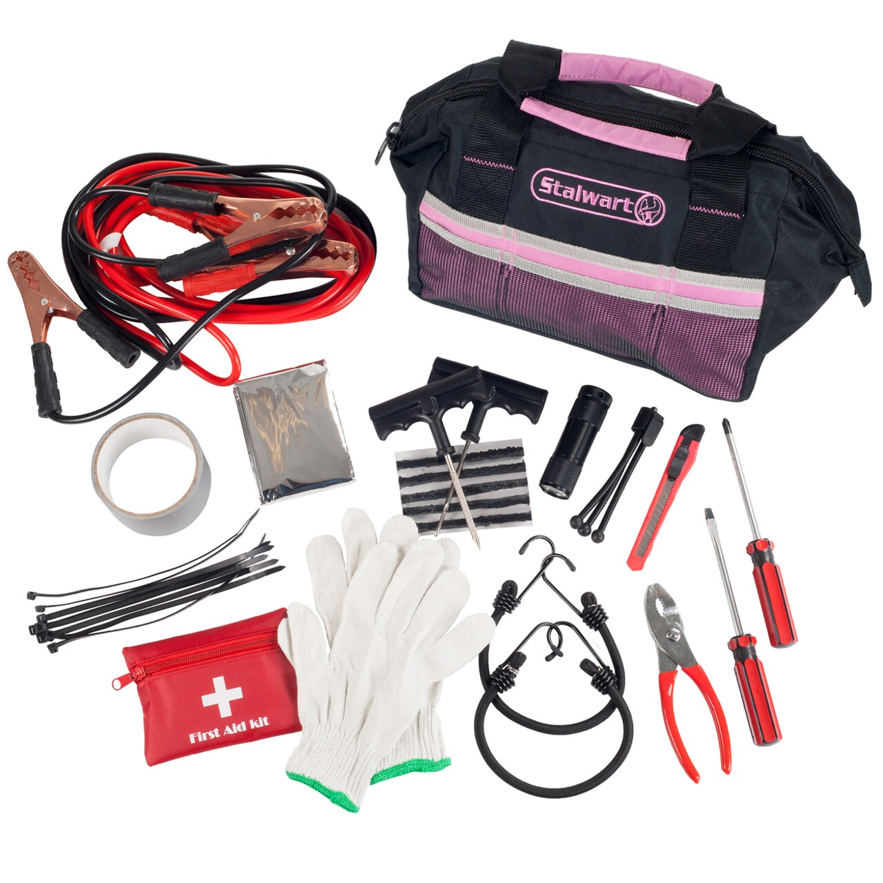 Stalwart Pink Emergency Roadside Kit Jumper Cables Blanket Tools Trunk Car Safety
